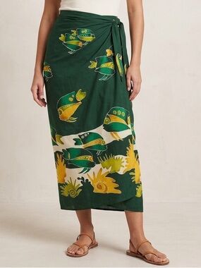 Venus Rayon Green Fish Print Summer Wrap Midi Skirt Women’s Size O/S‎